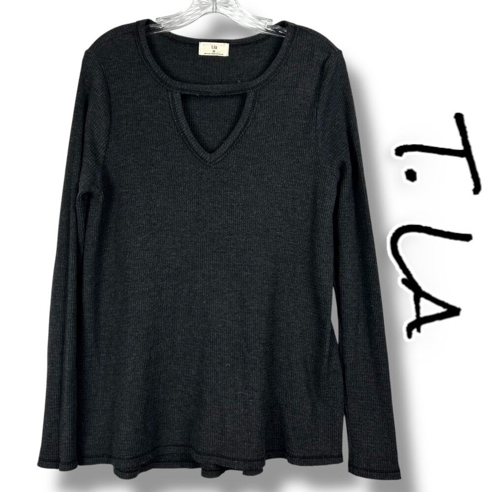 T La Anthroplogie Waffle Knit Charcoal Gray Tunic Shirt Cozycore Womens Size S